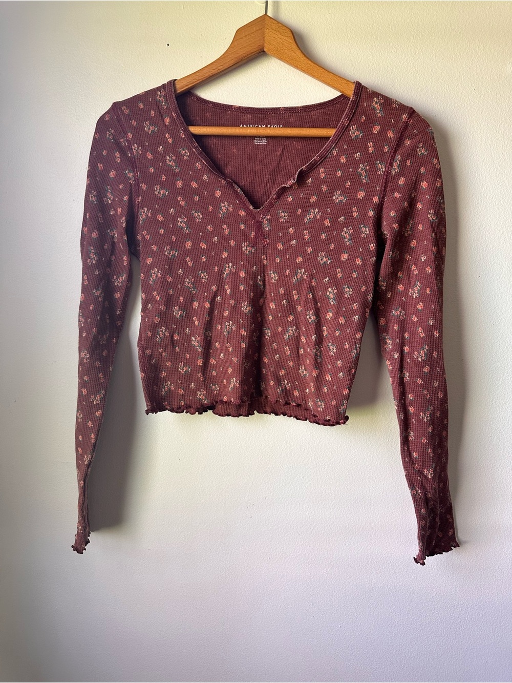 American Eagle Outfitters Mauve Floral Ribbed Long-Sleeve Crop Top